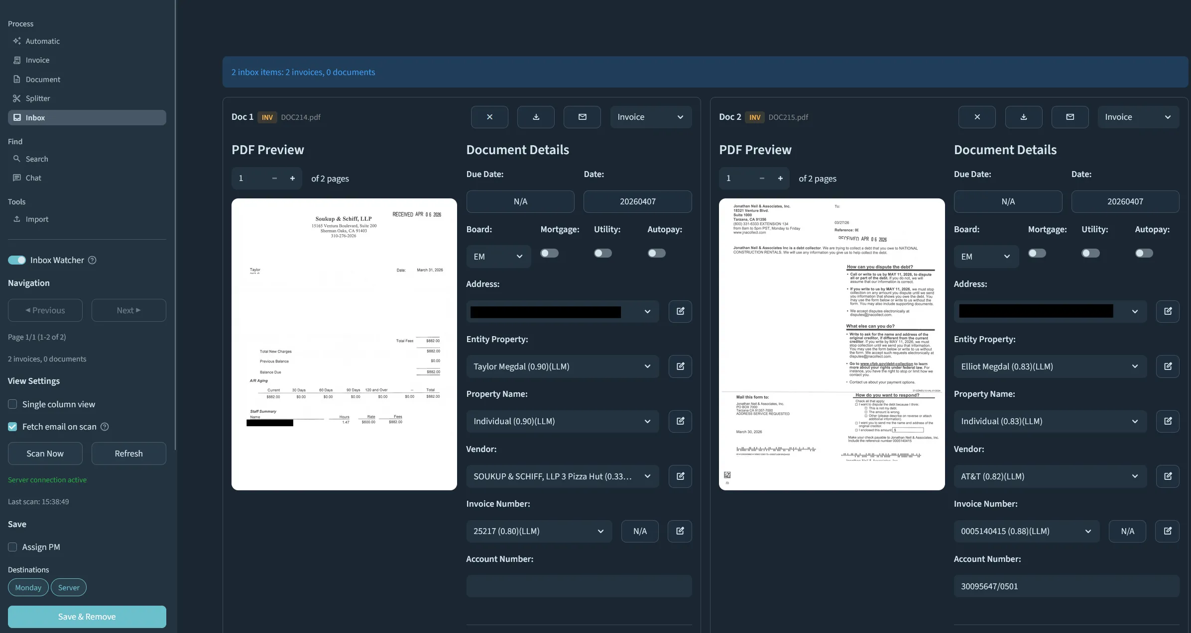 Inbox page showing two processed invoices in 2-column layout