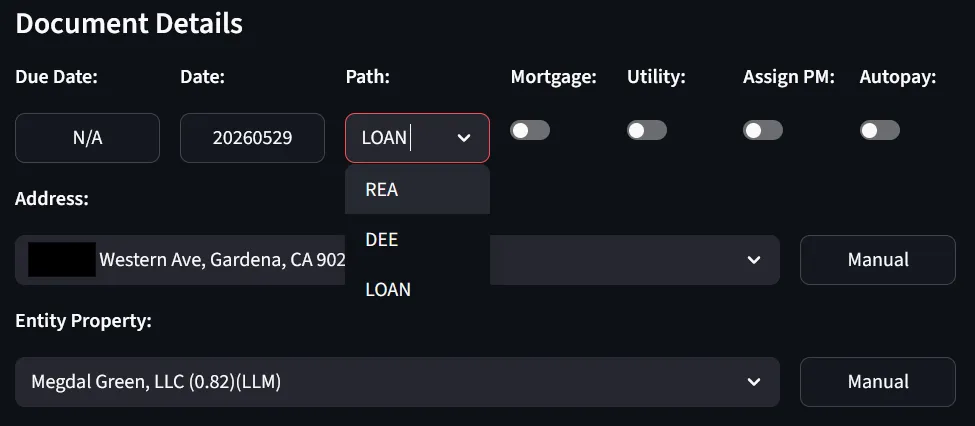 Path dropdown with REA, DEE, LOAN options