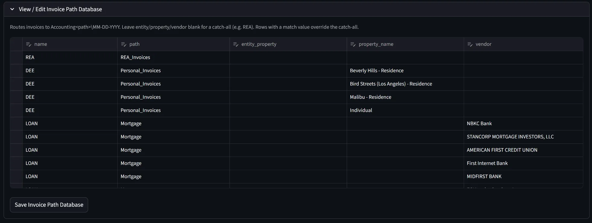 View / Edit Invoice Path Database editor