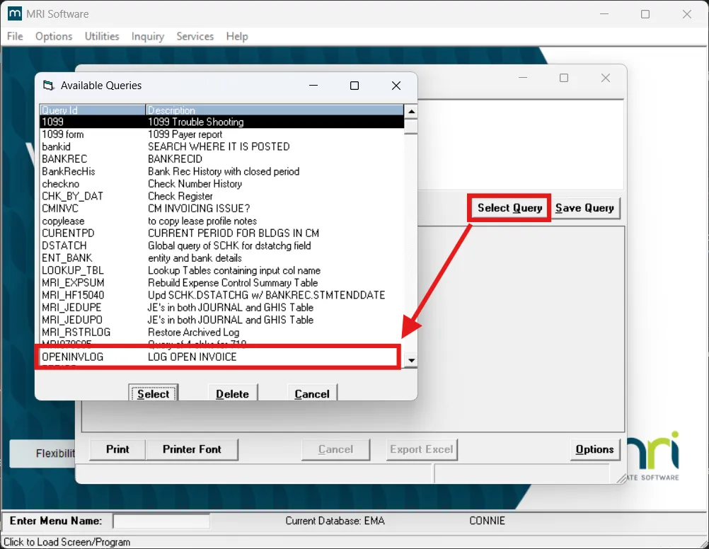Select the OPENINVLOG query
