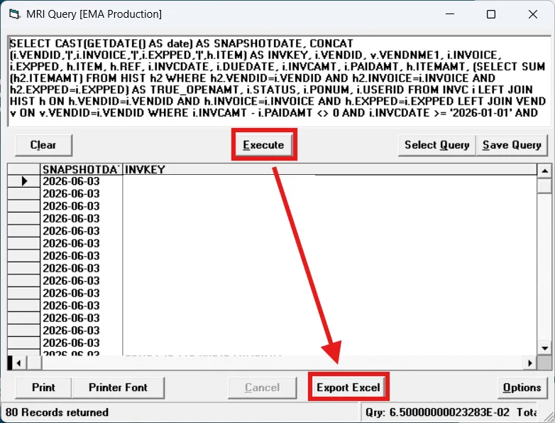 Execute and Export Excel