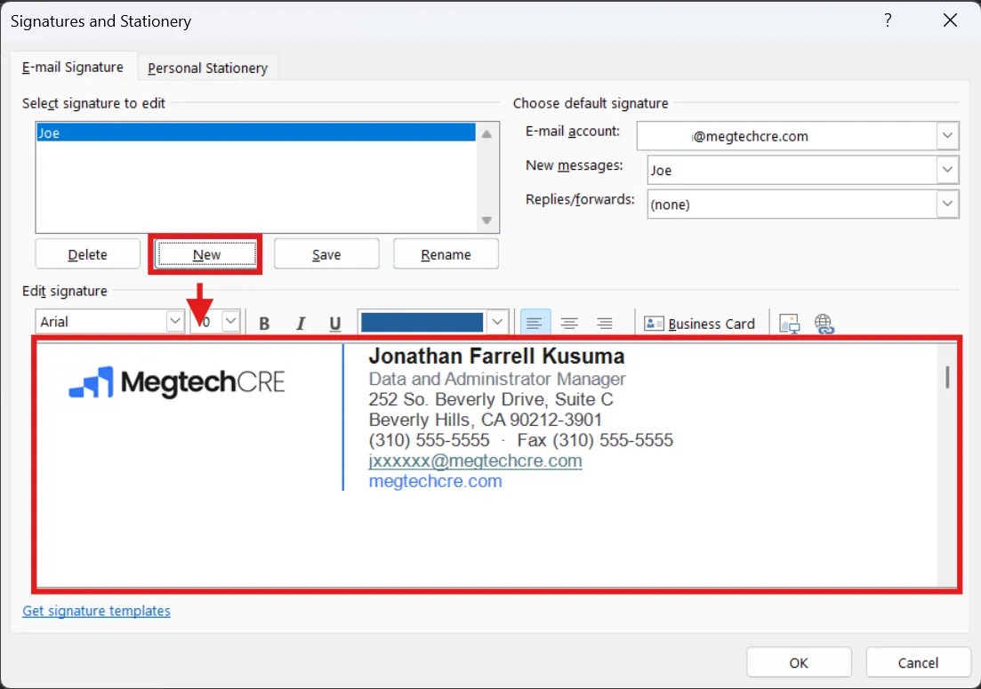 Signatures and Stationery dialog with the signature pasted