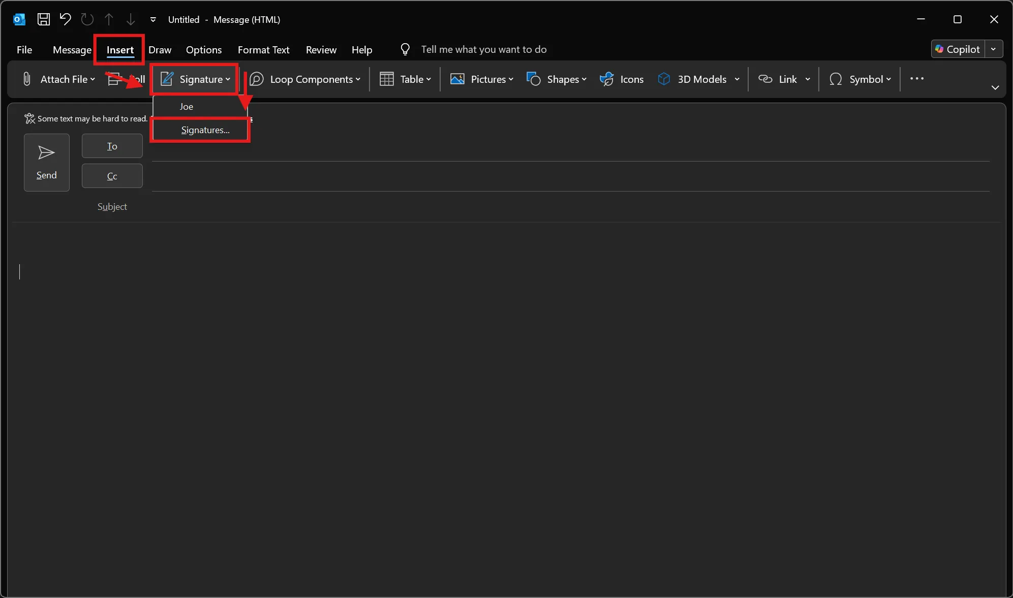 Compose window with the Signatures menu highlighted