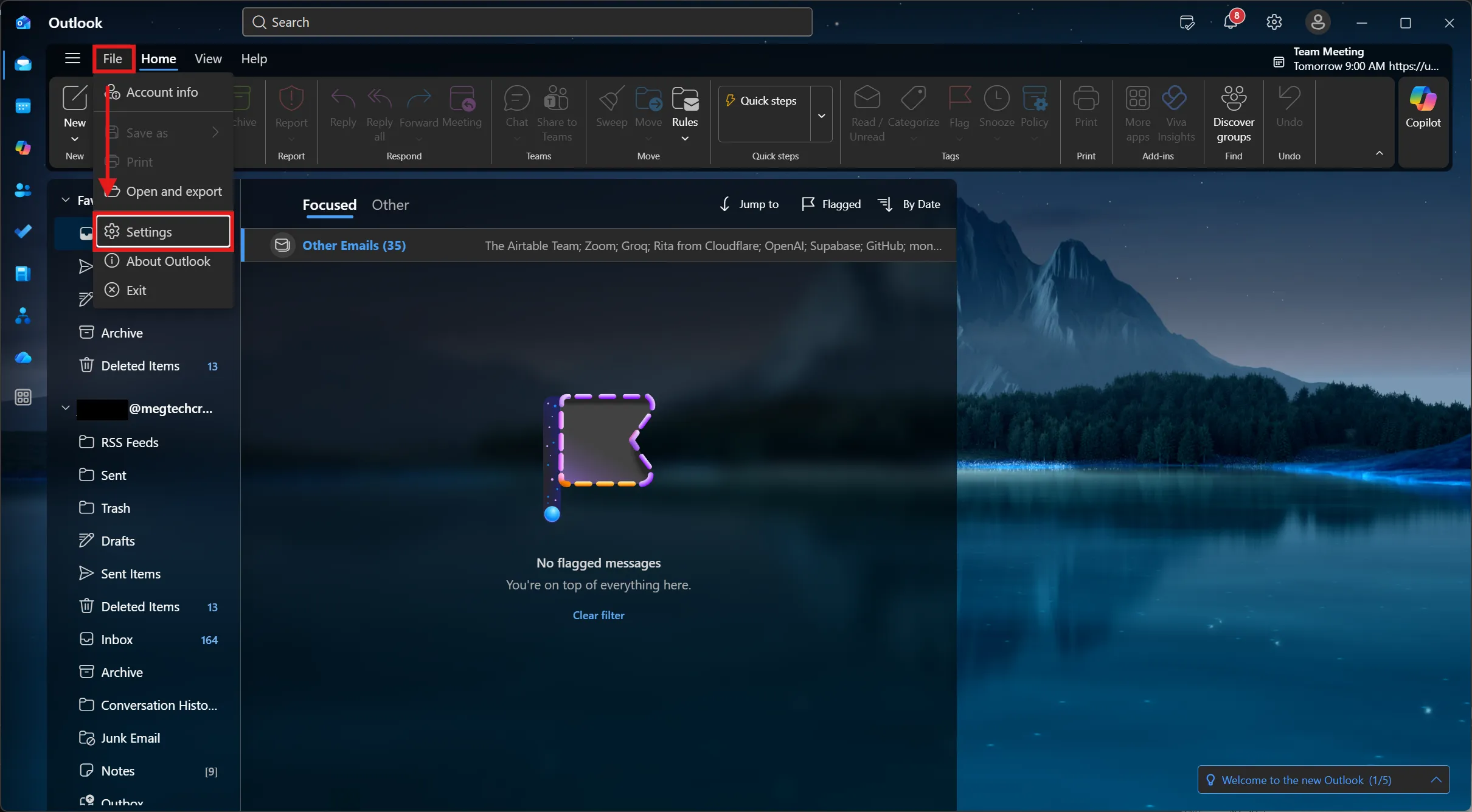 File menu with Settings highlighted