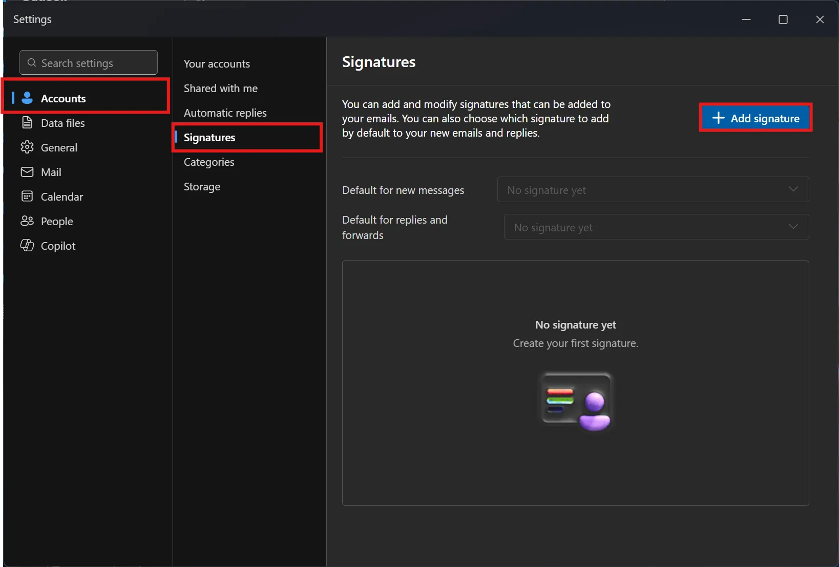 Signatures page with Add signature highlighted