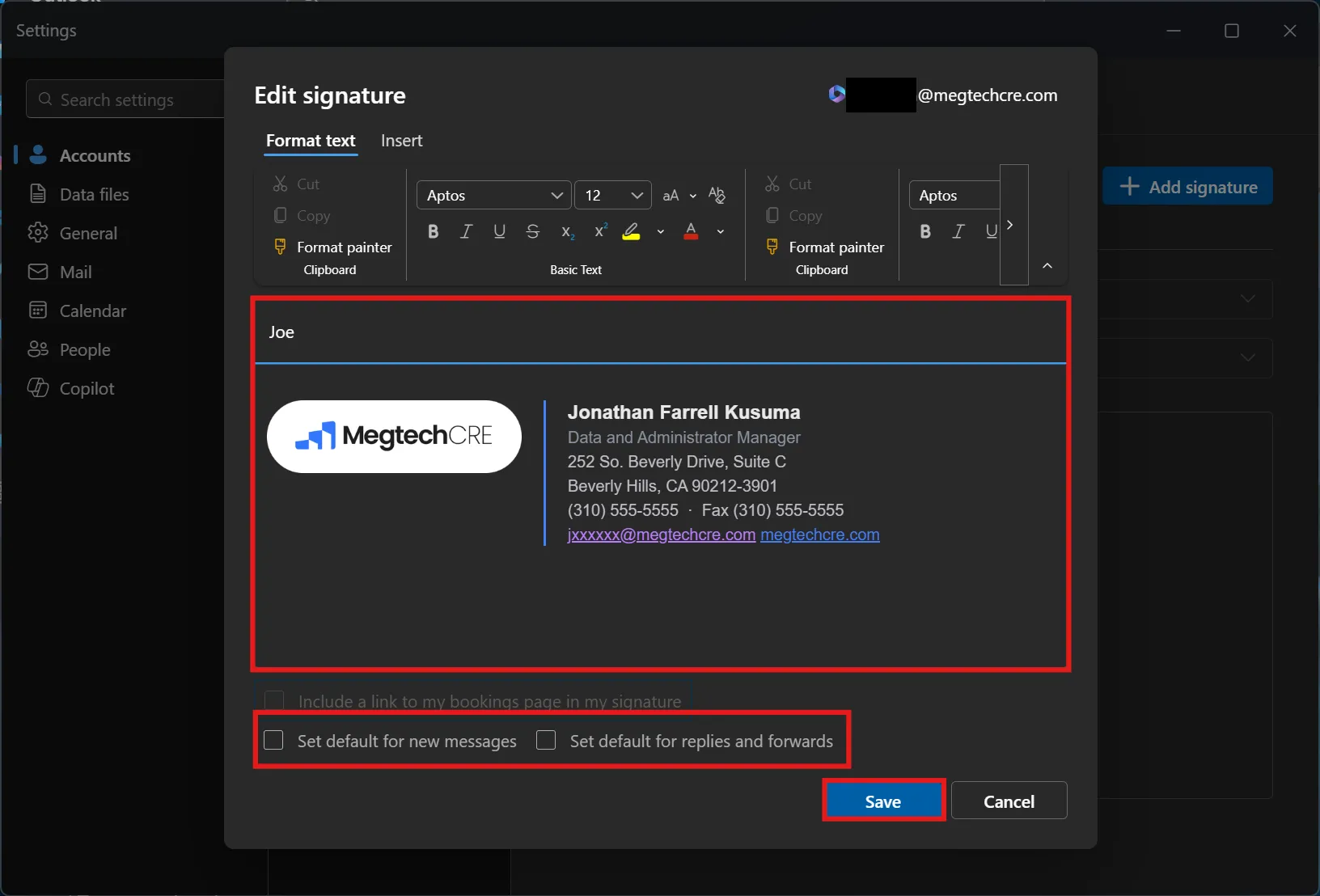 Edit signature dialog with the signature pasted and defaults checked