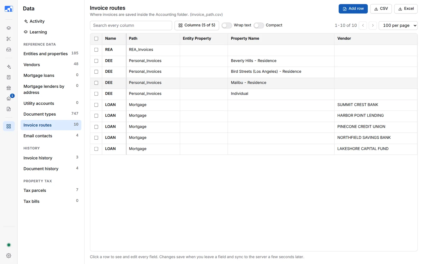 Invoice routes list with REA, DEE and LOAN rows