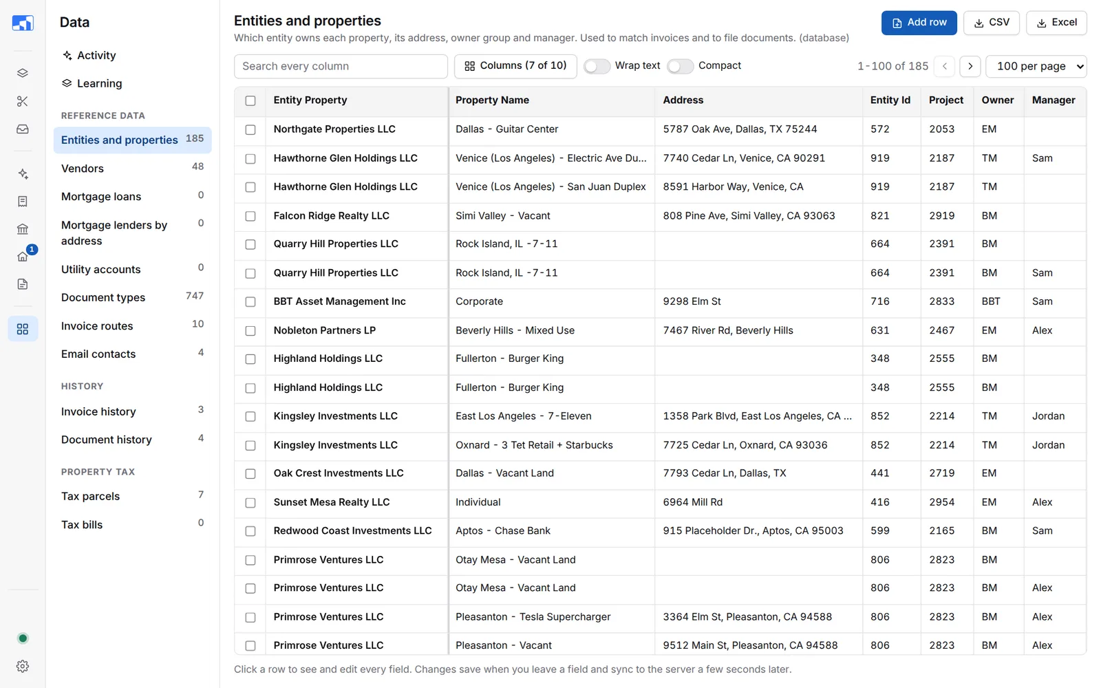 Entities and properties table on the Data page