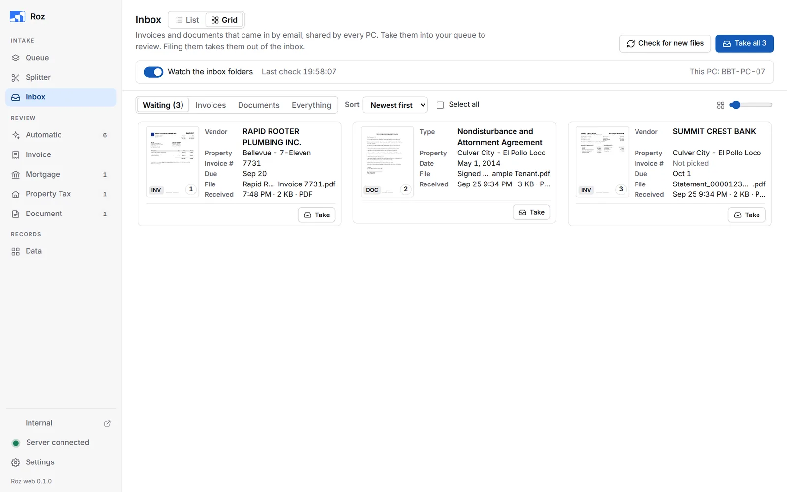 Inbox in Grid view with three documents waiting