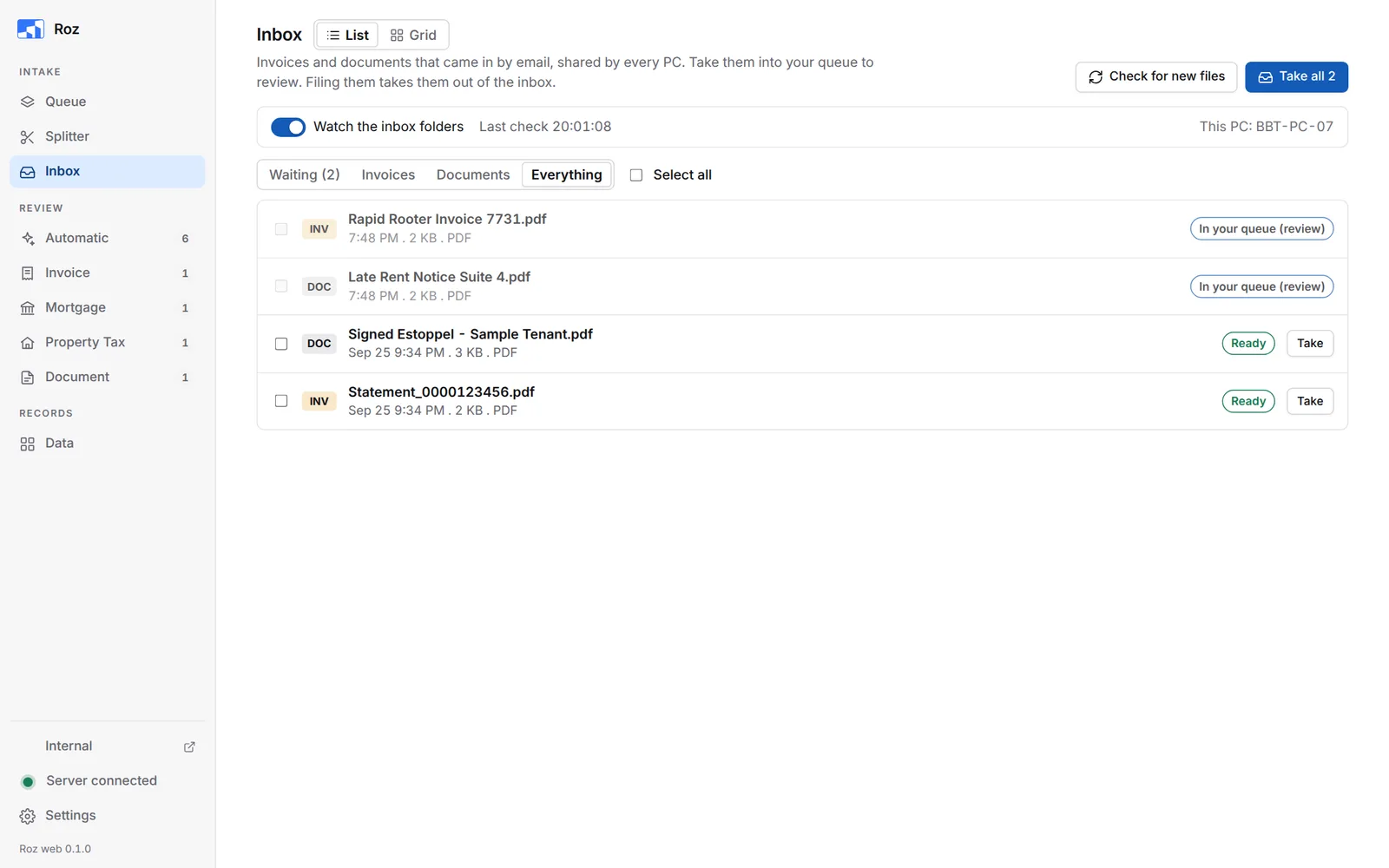 Inbox List view with one row per file