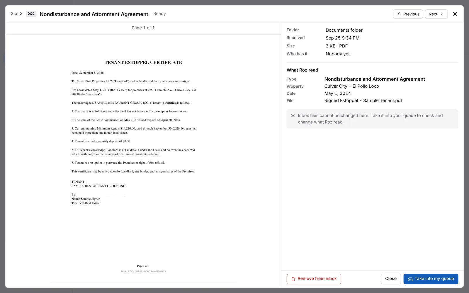 Inbox document open with What Roz read, Remove from inbox and Take into my queue
