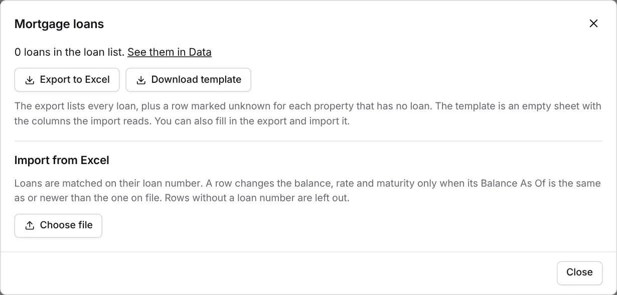 Mortgage loans dialog with Export to Excel, Download template and Import from Excel