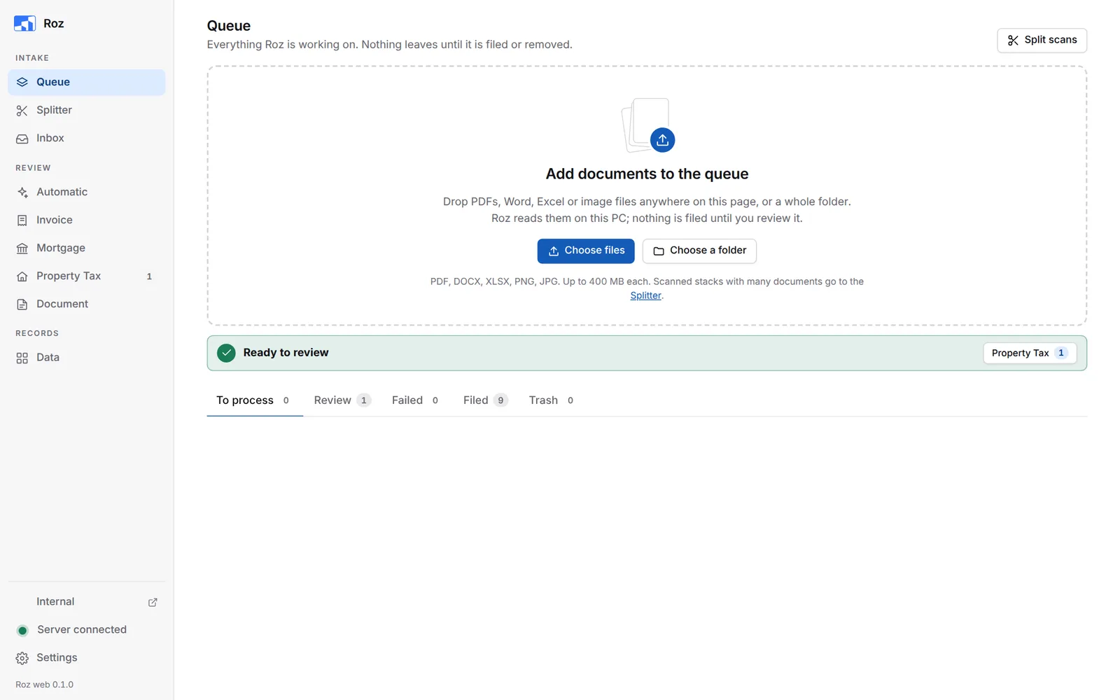 Queue with the drop area: Choose files and Choose a folder
