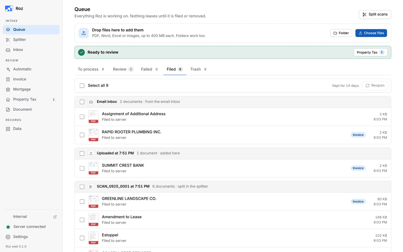 Filed tab listing documents filed to the server