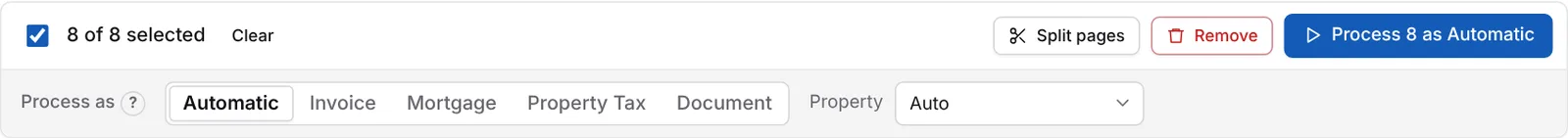 Toolbar with Split pages, Remove, Process and the Process as options