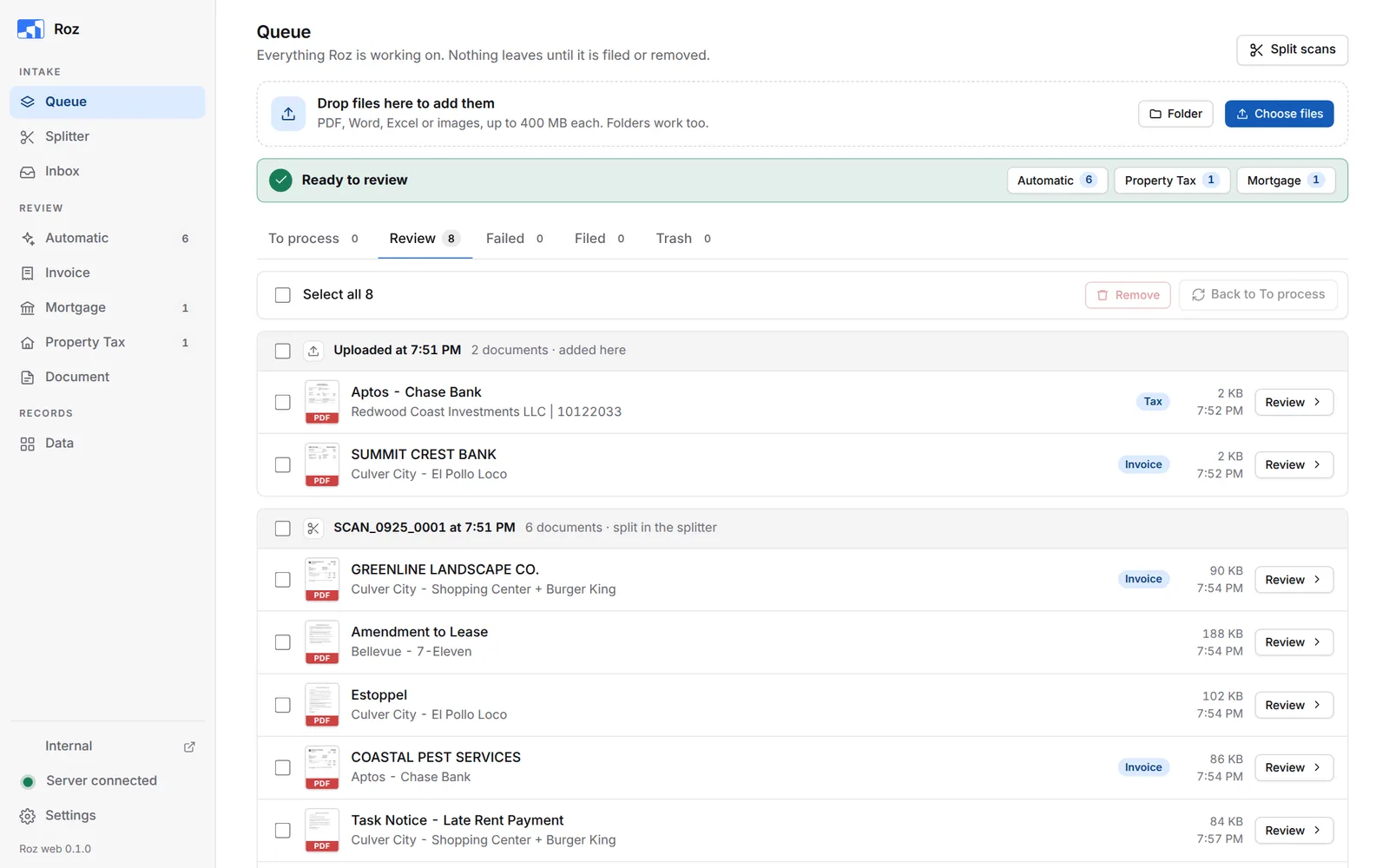 Review tab with the Ready to review bar and a Review button on each row