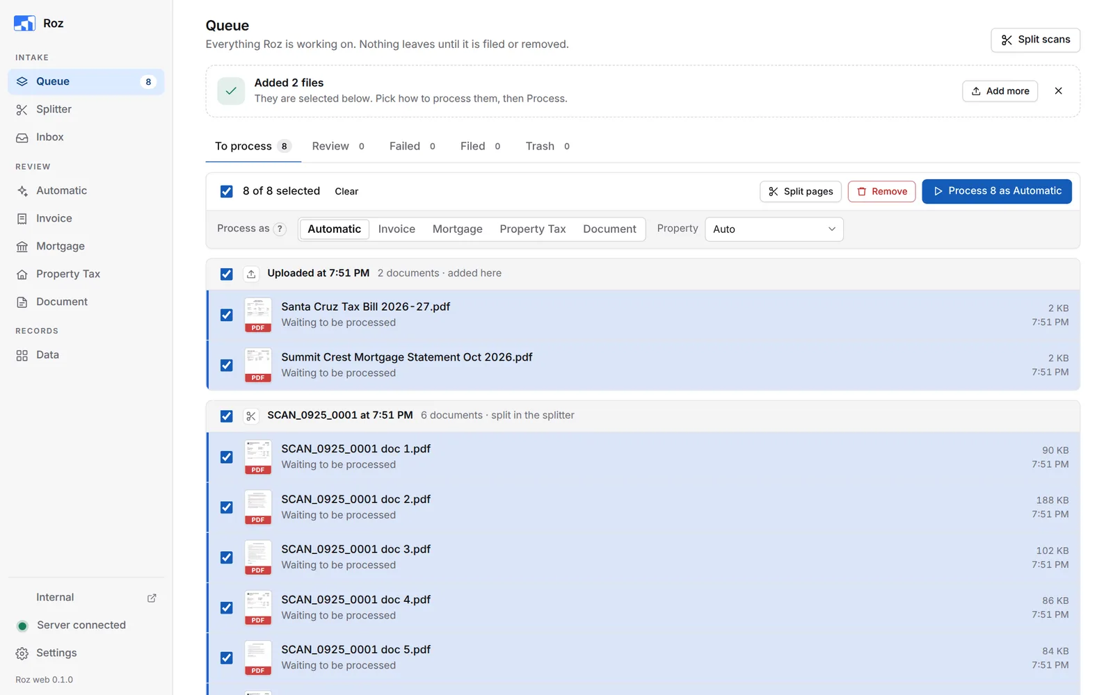To process tab with eight documents selected