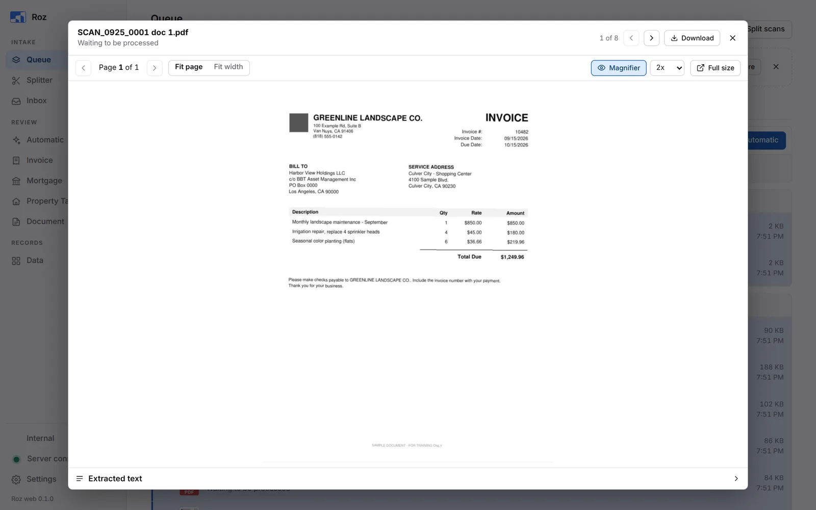 Queue viewer with the page, magnifier, Download and the extracted text drawer
