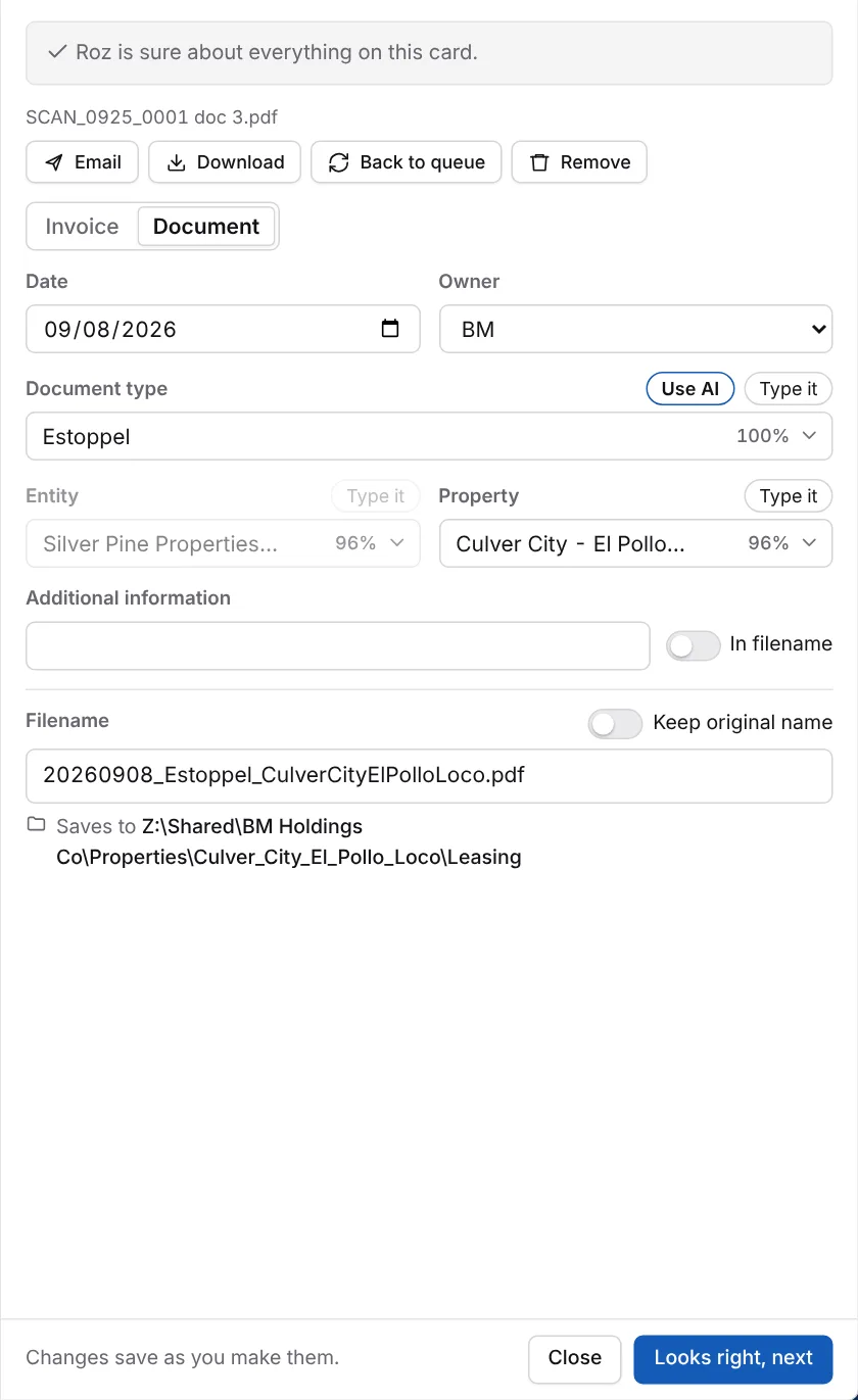 Document card for an estoppel with date, owner, document type, entity and property