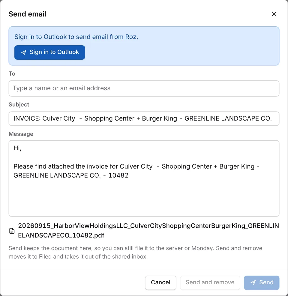 Send email dialog with the subject, message and attachment