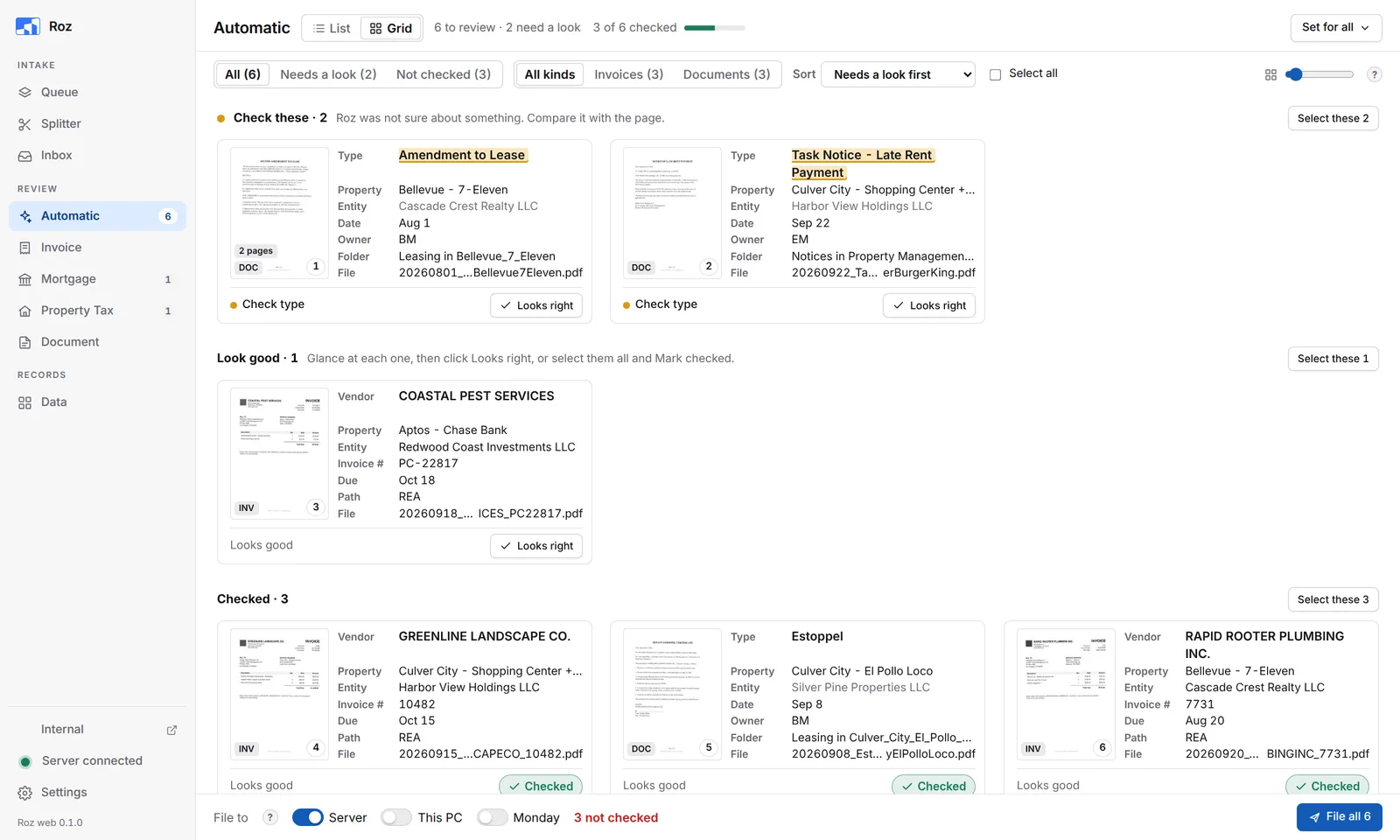 Automatic page in Grid view with cards to check, cards that look good and a checked card