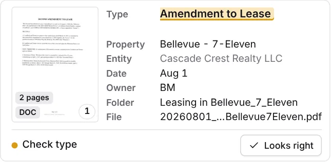 One document card with the document type highlighted in yellow and Check type