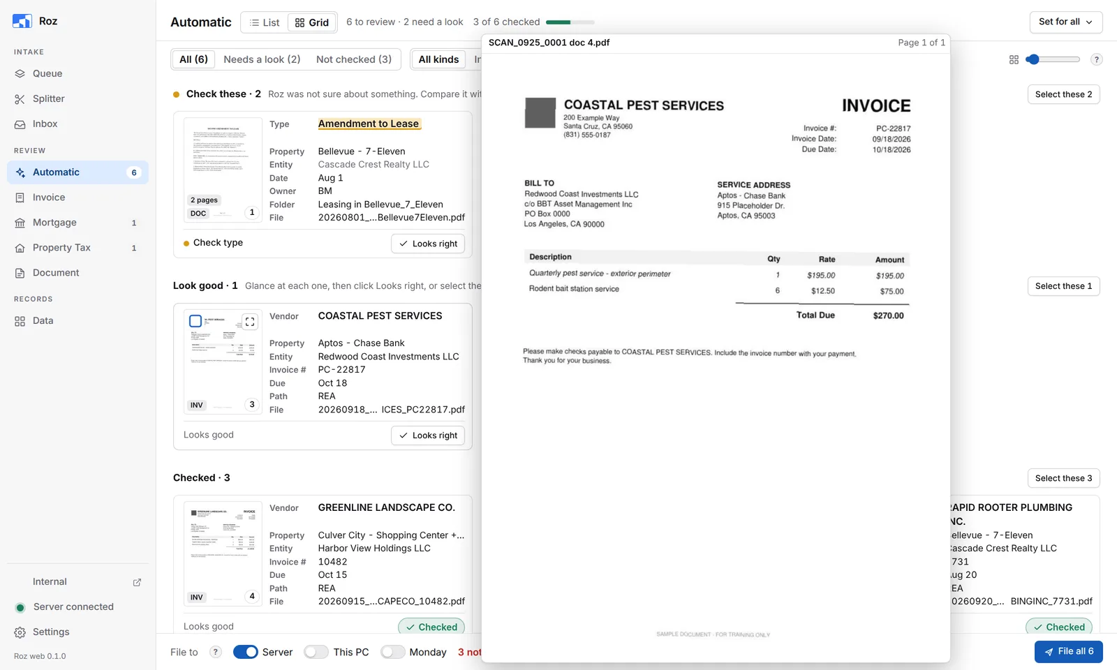 Hover preview showing the invoice page large next to the cards