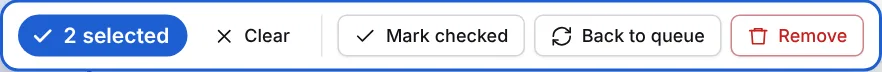 Selection bar with Mark checked, Back to queue and Remove