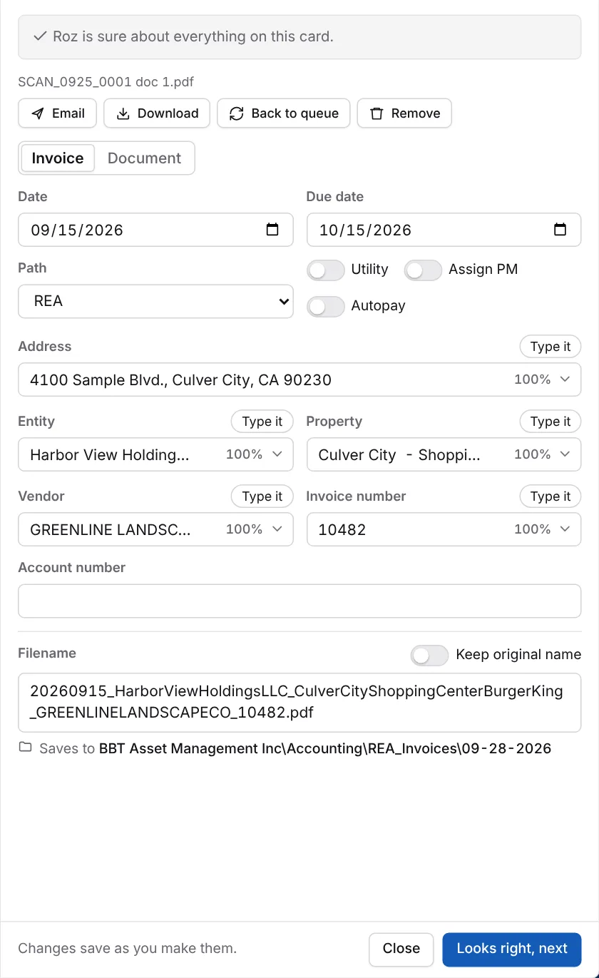 Invoice card with date, due date, path, address, entity, property, vendor and invoice number