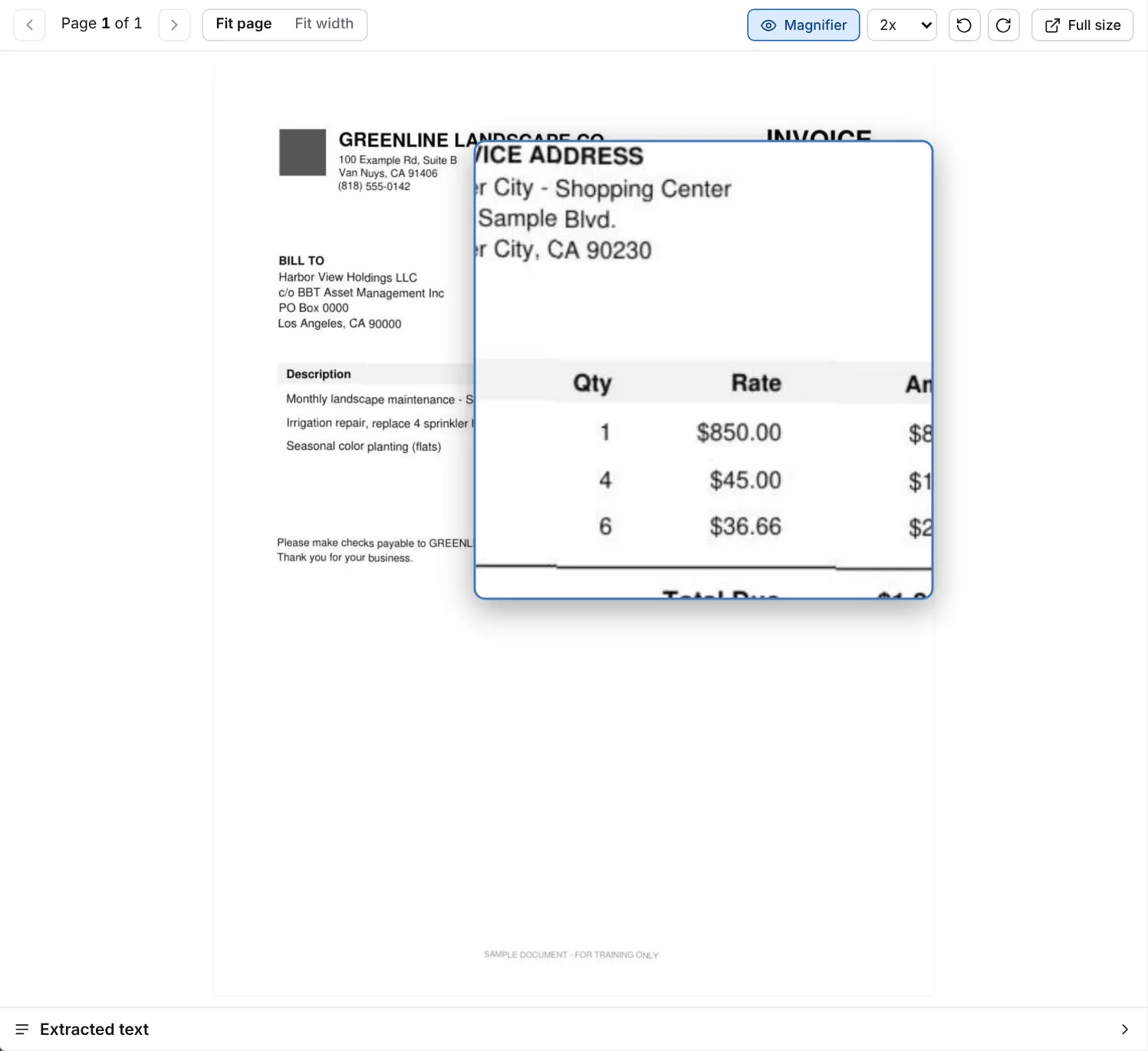 Page viewer with the square magnifier over the invoice