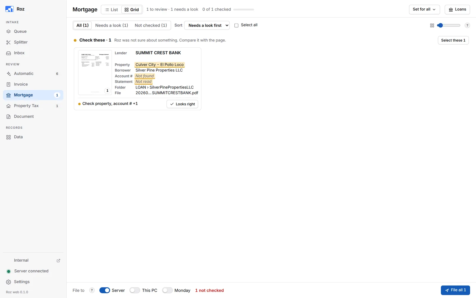 Mortgage page with one statement card: Account # not found and Statement not read