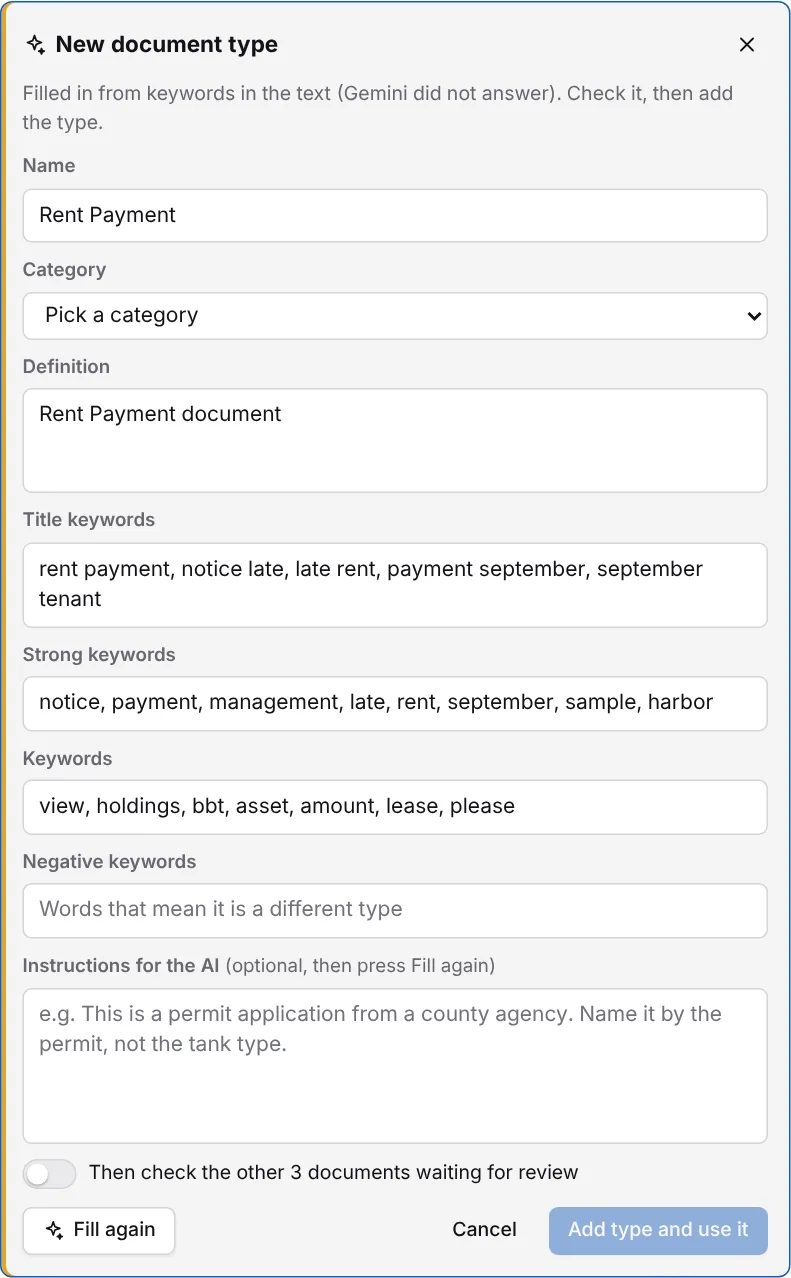 New document type form with name, category, definition, keywords and the check the other documents switch