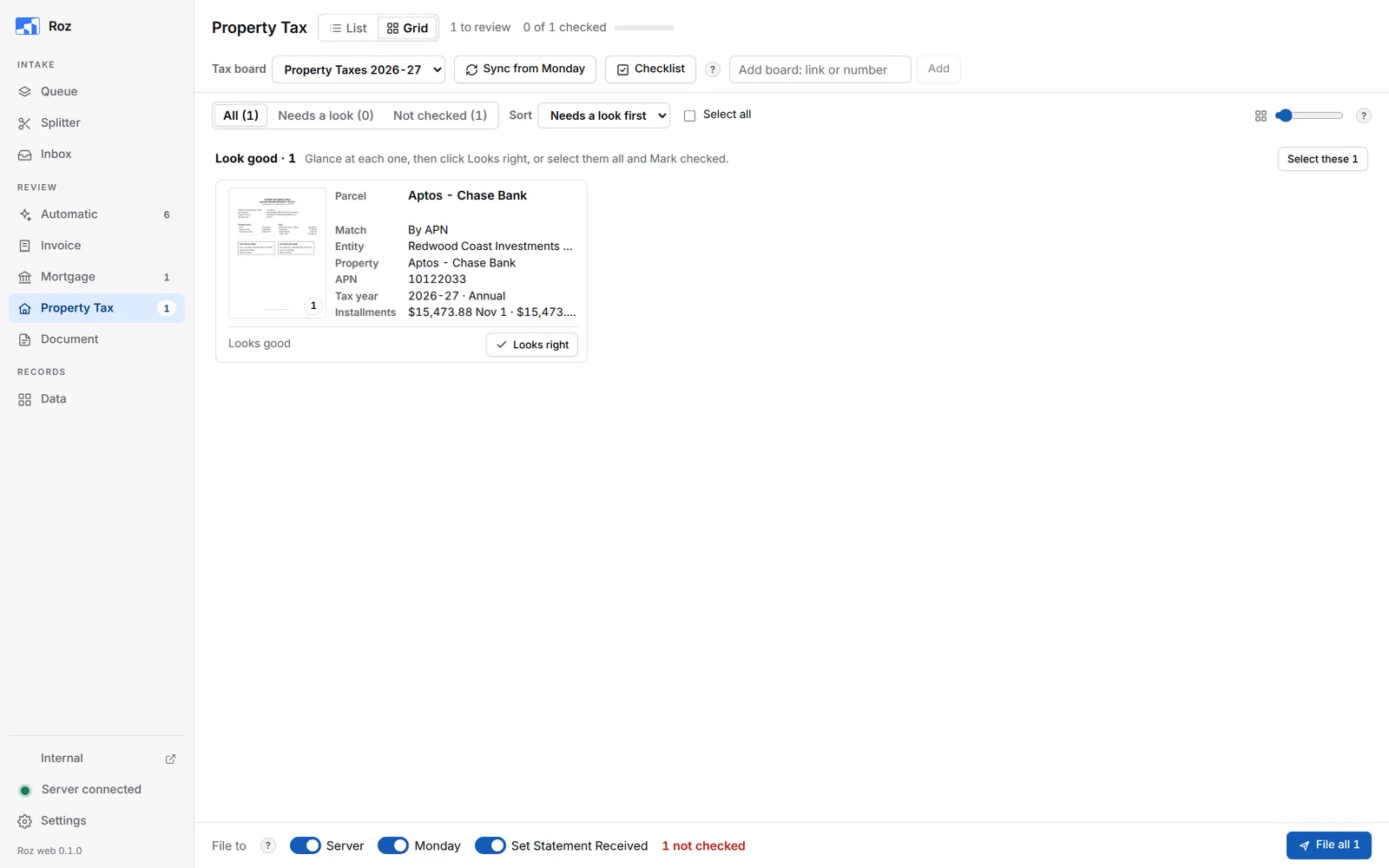 Property Tax page with the tax board picker, Sync from Monday, Checklist and Add board