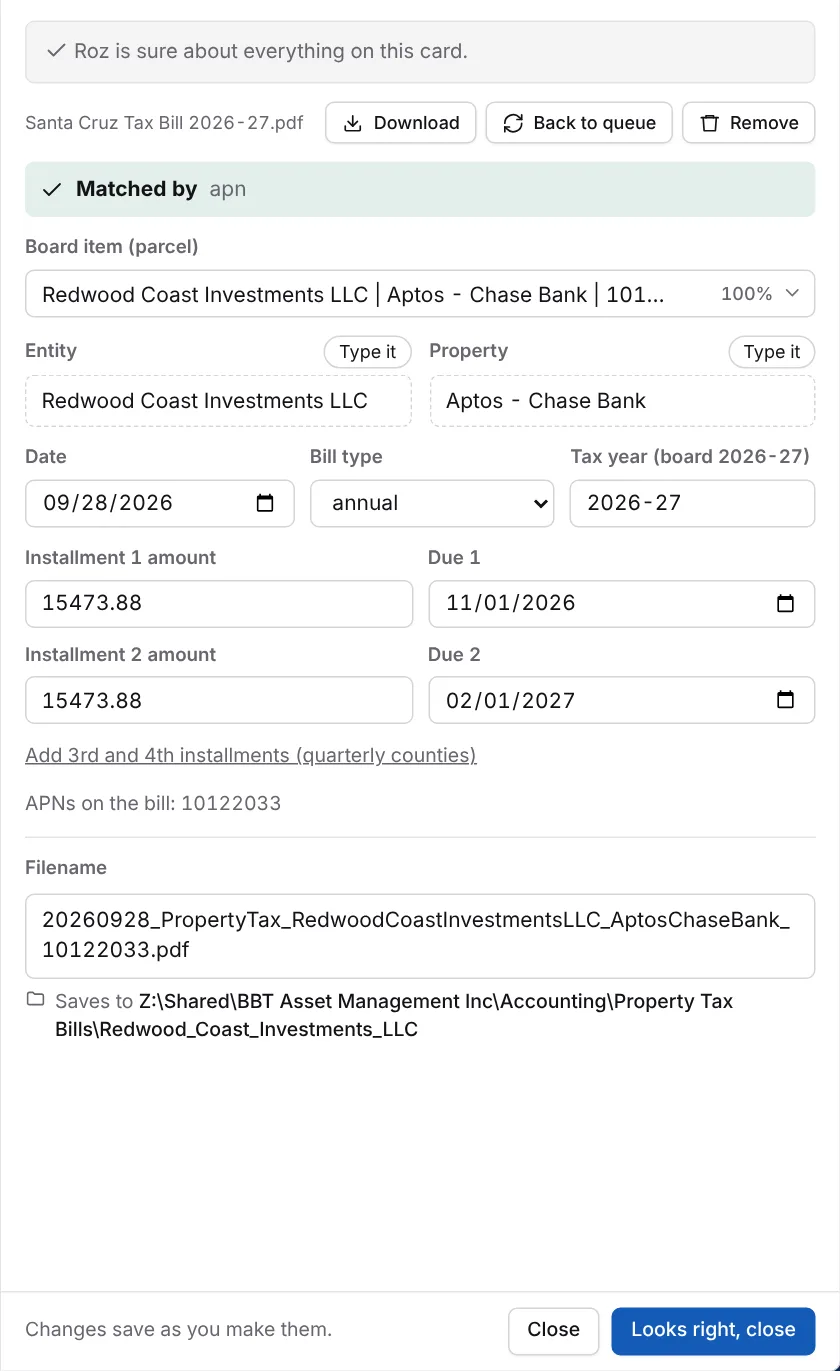 Processed bill showing the match, board item, entity, property and installments