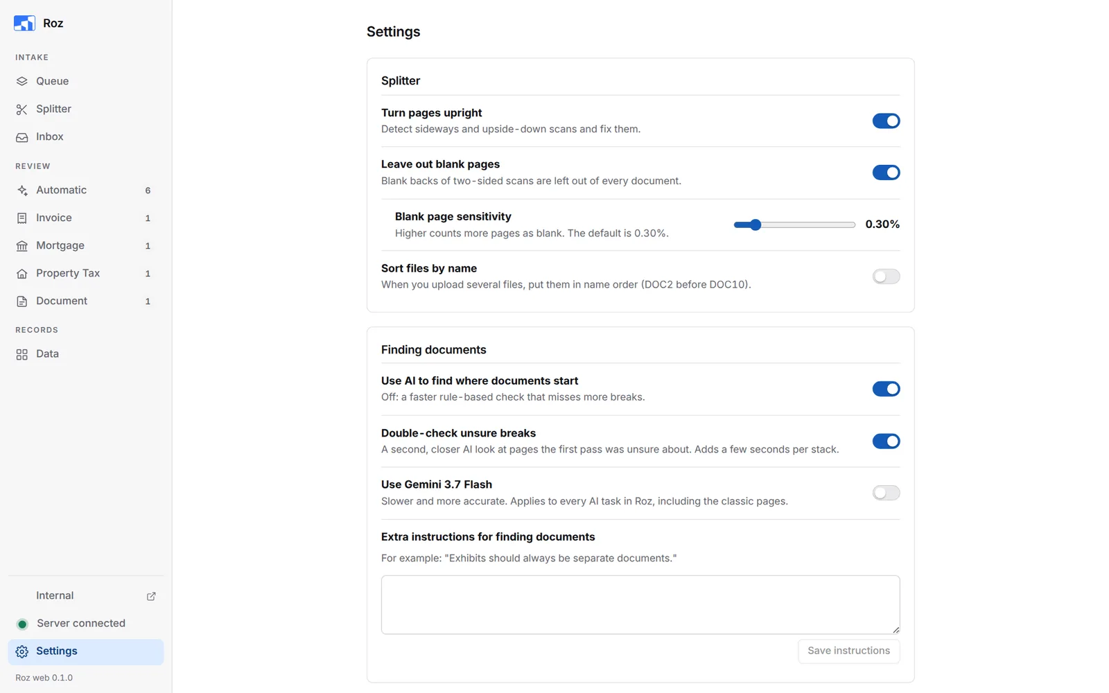 Settings page with the Splitter and Finding documents sections