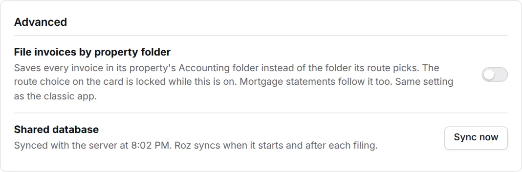 Advanced settings with File invoices by property folder and Shared database Sync now