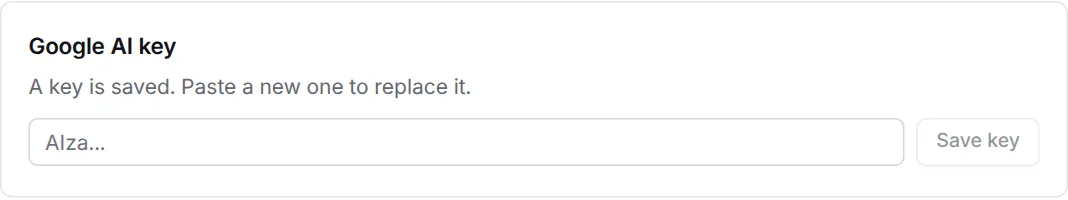 Google AI key box saying a key is saved