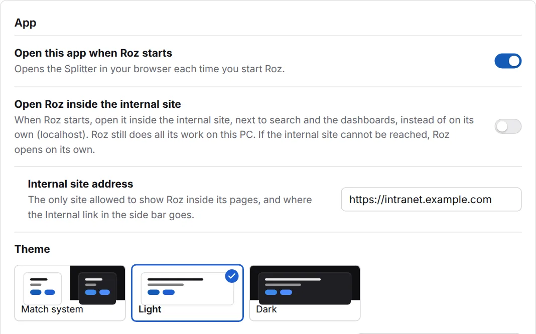 App settings with Open Roz inside the internal site, the internal site address and the theme picker