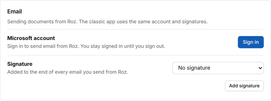 Email settings with the Microsoft account sign-in and signature
