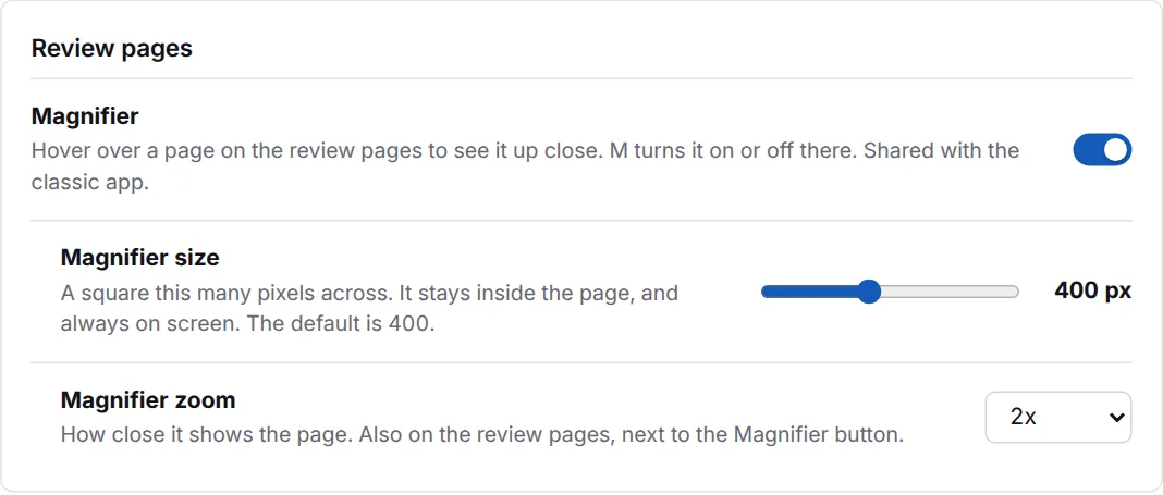 Review pages settings with Magnifier, Magnifier size and Magnifier zoom
