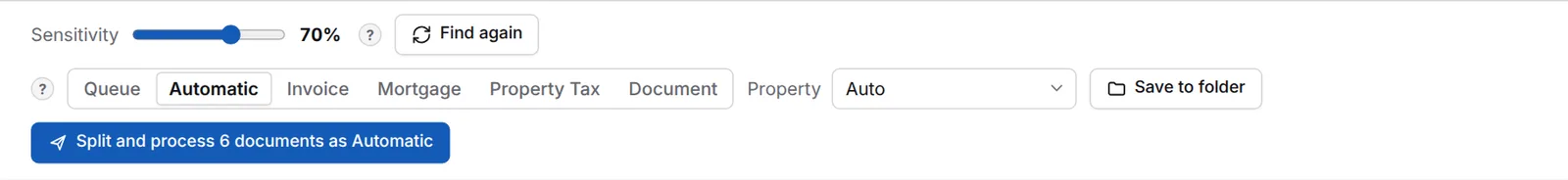 Bottom bar with Sensitivity, the After splitting options, Property and the send button