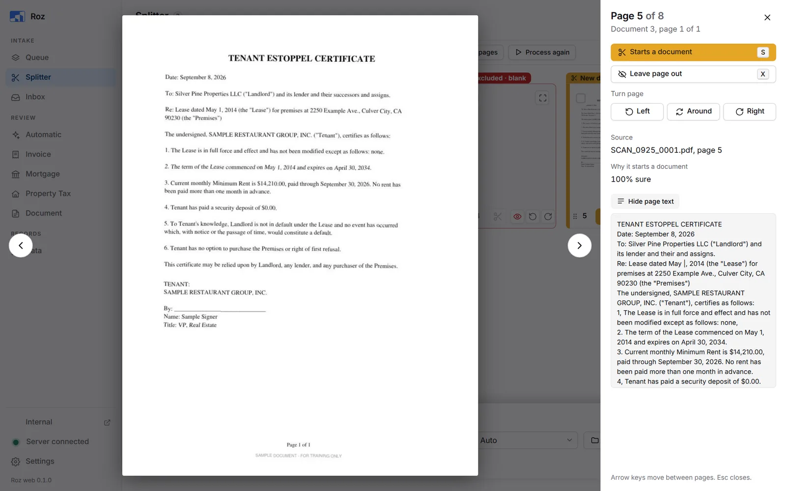 Page preview with Starts a document, Leave page out, the Left, Around and Right turn buttons and the page text