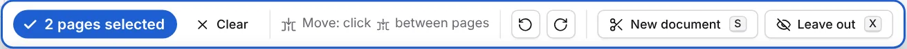 Selected pages bar with the move hint, turn buttons, New document and Leave out