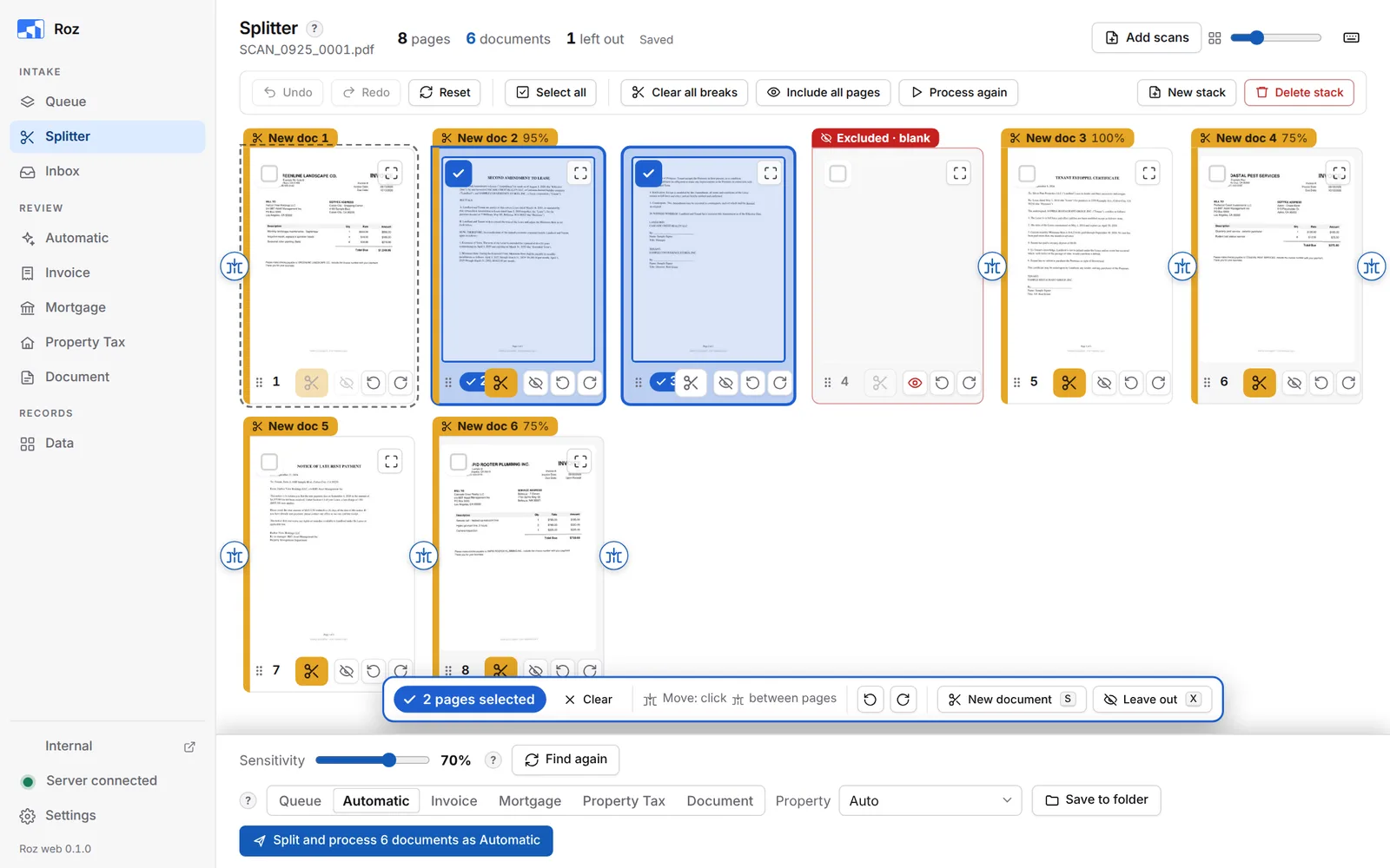 Two pages selected, with round move buttons between the pages and the selected pages bar