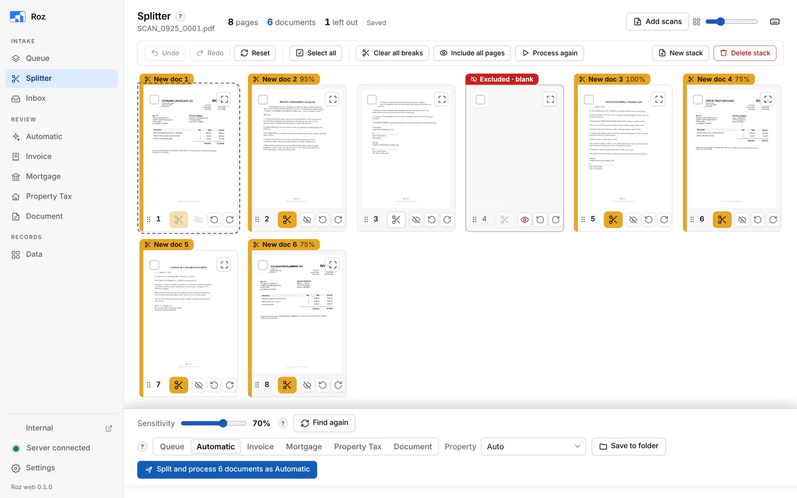 Split stack with six documents marked and one blank page left out