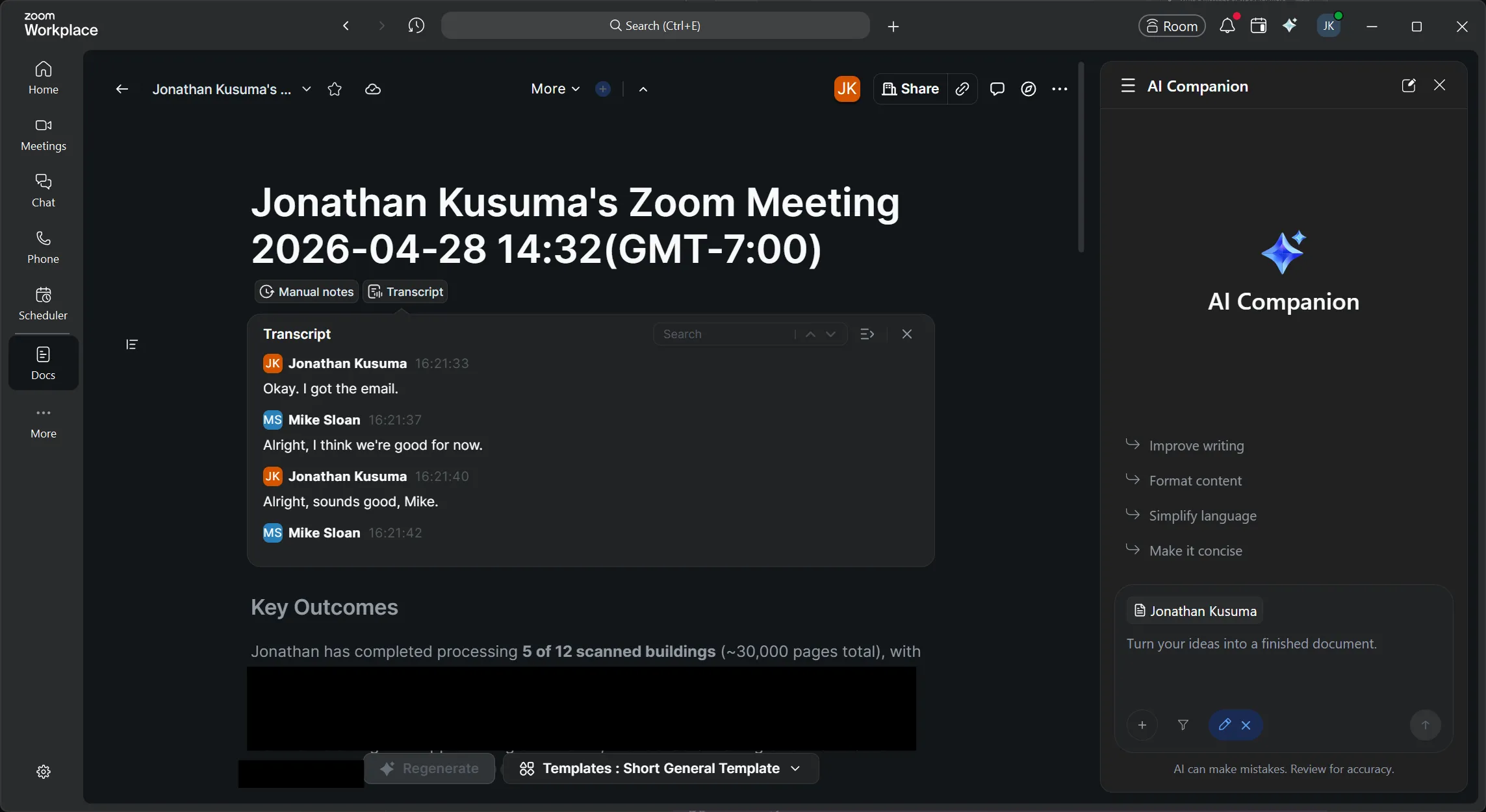 Zoom Doc with transcript and AI summary