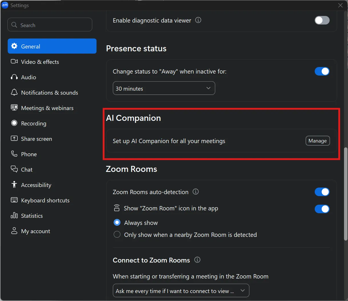 AI Companion section in General settings