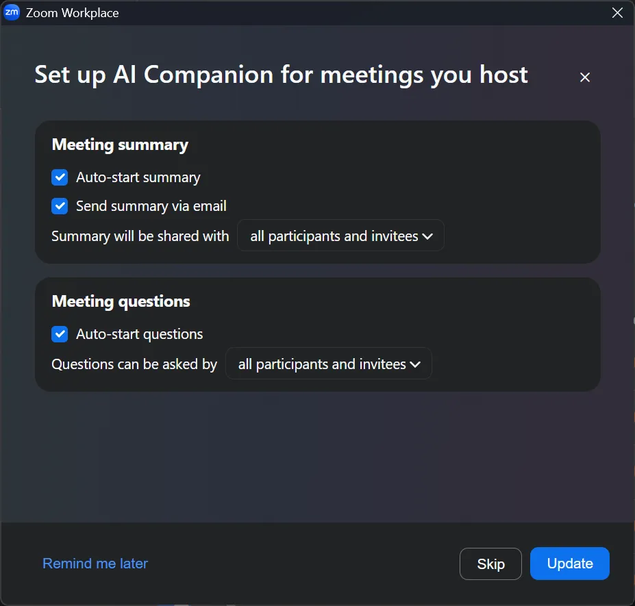 AI Companion setup modal